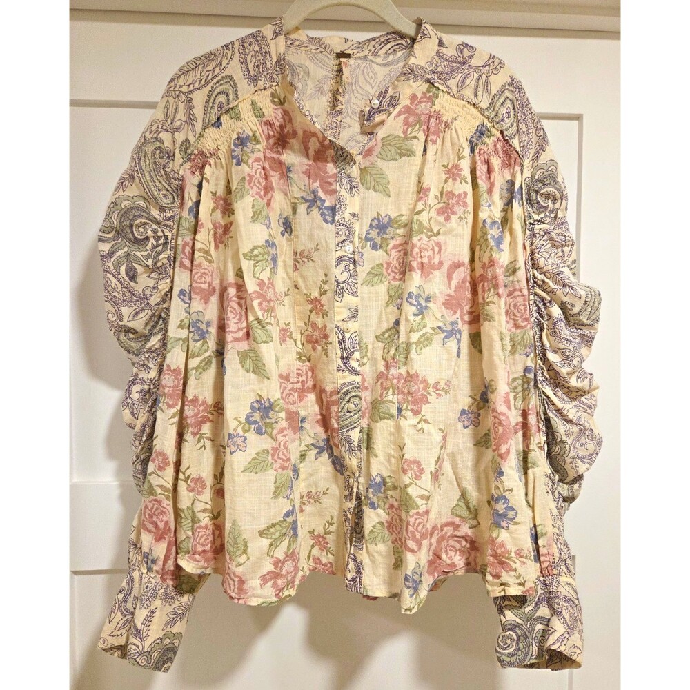 Free People Blouse Womens M Floral Paisley Mixed Print Cotton Boho Cottagecore